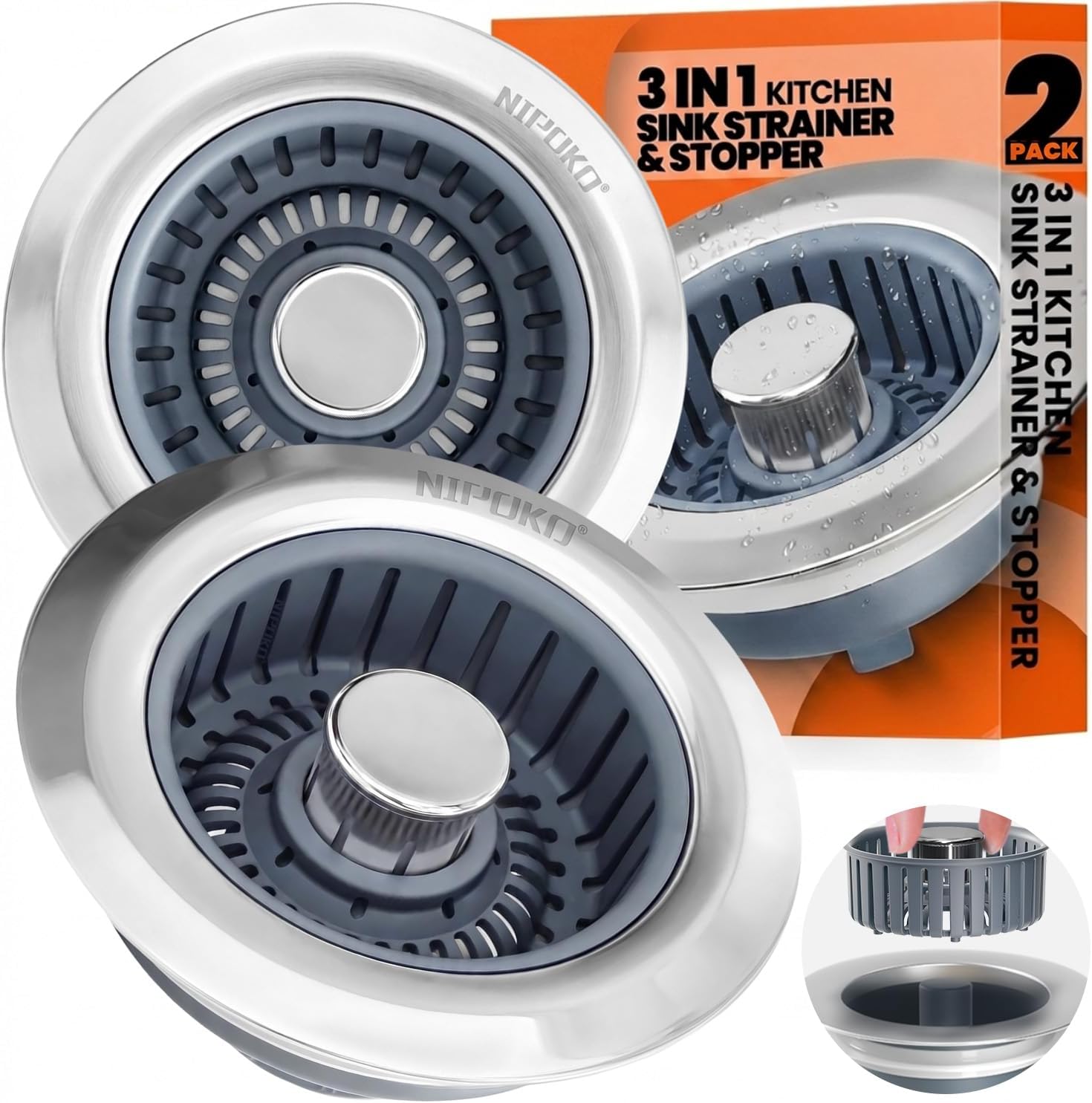 3-in-1 Stainless Steel Sink Drain Strainer (2-Pack)